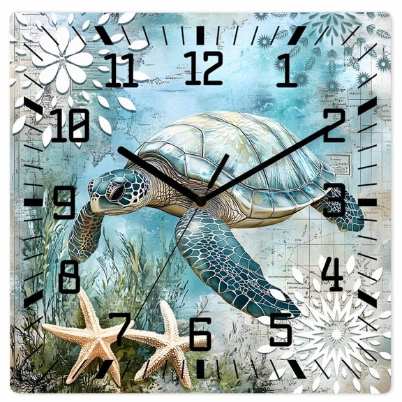 Sea Turtle Coastal Wooden Wall Clock Silent Non Ticking, Summer Beach Teal Coral Starfish Square Wall Clocks Battery Operated, Decor Clock for Home Office, Living Room, Kitchen, 12 Inch