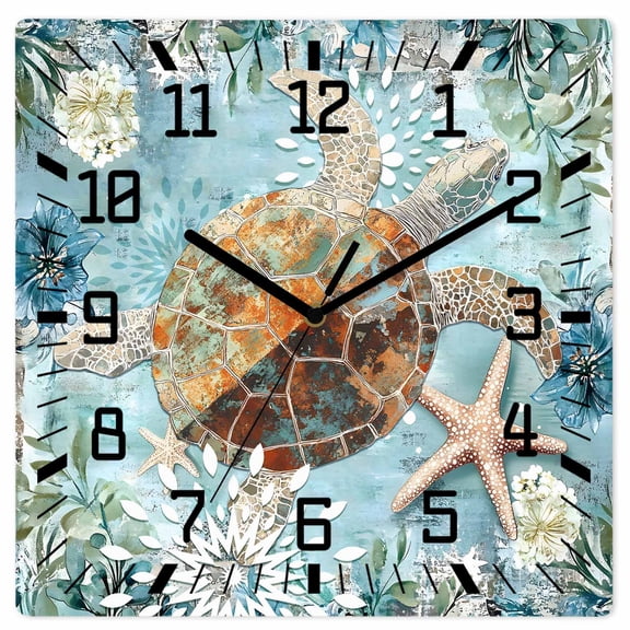Sea Turtle Coastal Wooden Wall Clock Silent Non Ticking, Teal Nautical Starfish Botanical Square Wall Clocks Battery Operated, Decor Clock for Home Office, Living Room, Kitchen, 12 Inch