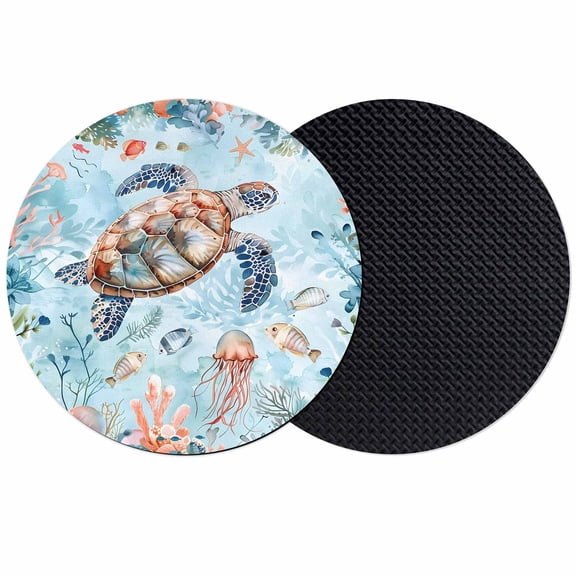 Sea Turtle Coasters Set of 2, Summer Beach Coastal Nautical Coral Blue Red Absorbent Coasters for Drinks, Coaster for Bar Office Dining Coffee Table Accessories Decor, Non Slip Round Desk Coaster