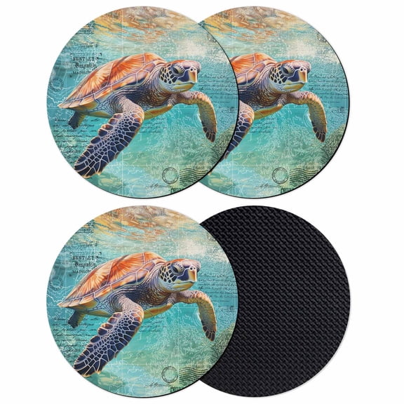 Sea Turtle Coasters Set of 4, Soft Absorbent Coasters for Drinks, Coastal Nautical Ocean Summer Beach Non-Slip Cup Coaster Mat with Rubber Bottom for Home Kitchen Desk Coffee Bar Table Decor 4"