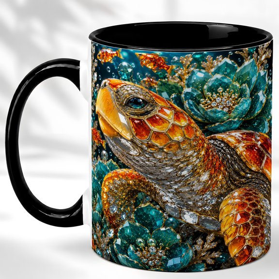 Sea Turtle Coffee Mug, Ocean Floral Mug, Ceramic 11 oz