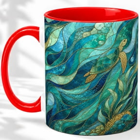 Sea Turtle Coffee Mug, Stained Glass Ocean Art, Coastal Daily Tea Sips