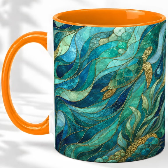 Sea Turtle Coffee Mug, Stained Glass Ocean Art, Coastal Daily Tea Sips