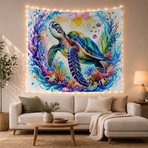 Sea Turtle With Colorful Fish and Coral Cheerful Watercolor Style for Ocean Lovers Coastal Wall Decor Birthday Gift Tapestry Wall Hanging for Bedroom, Dorm and Bathroom