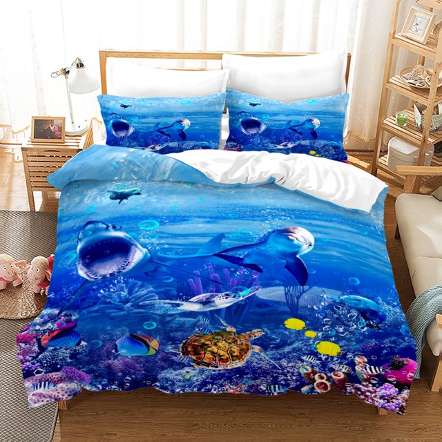 Sea Turtle Comforter Cover Set Ocean Fish Marine Life Duvet Cover Under