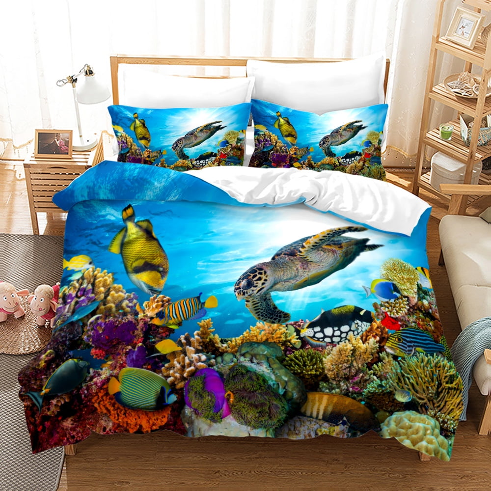 Sea Turtle Comforter Cover Set Ocean Fish Marine Life Duvet Cover Under