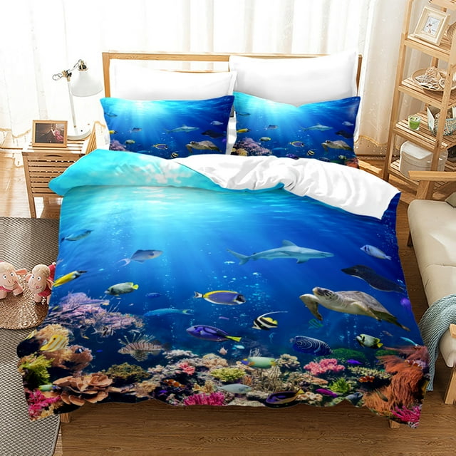 Sea Turtle Comforter Cover Set Ocean Fish Marine Life Duvet Cover Under
