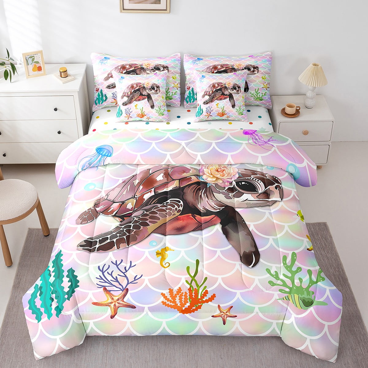 Sea Turtle Comforter Set 7 Piece Bed in a Bag Twin,Ocean Tortoise