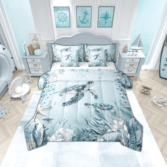 Sea Turtle Comforter Set 7 Piece Bed in a Bag Twin,Teal Blue Ocean Beach Coastal Bedding Set Starfish Octopus Tentacles Sheet Sets with Comforter Creature Coral Bed Set,Kawaii Fish Room Decor