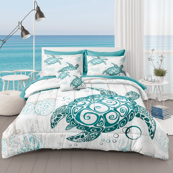 Sea Turtle Comforter Set 8 Pieces Sea Turtle Bed in a Bag 100% Soft Microfiber Ocean Comforter Set for Bedroom Marine Life Bedding Comforter Set for Girls Boys Ocean Beach Theme Coastal Bedding Set