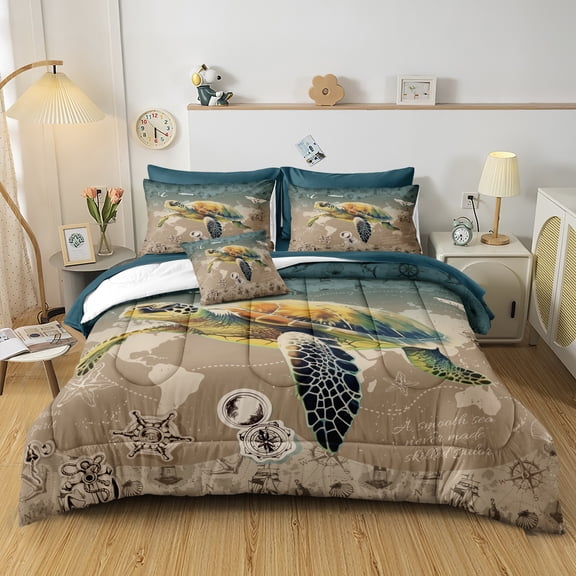 Sea Turtle Comforter Set 8 Pieces Sea Turtle Bed in a Bag 100% Soft Microfiber Ocean Comforter Set for Bedroom Marine Life Bedding Comforter Set for Girls Boys Ocean Beach Theme Coastal Bedding Set