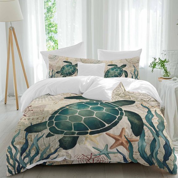 Sea Turtle Comforter Set Full Size, Boho Summer Green Seaweed Starfish Rustic Mandalas Pattern Soft Bedding Set for Man Woman, 4 Pieces Duvet Cover Set with Fitted Sheet, 2 Pillowcases