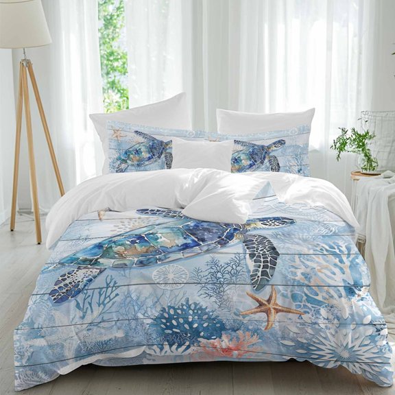 Sea Turtle Comforter Set Full Size, Ocean Starfish Coral Blue Wood Grain Soft Bedding Set for Man Woman, 4 Pieces Duvet Cover Set with Fitted Sheet, 2 Pillowcases