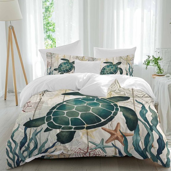 Sea Turtle Comforter Set Full Size, Summer Green Seaweed Starfish Mandalas Retro Wood Grain Soft Bedding Set for Man Woman, 4 Pieces Duvet Cover Set with Fitted Sheet, 2 Pillowcases