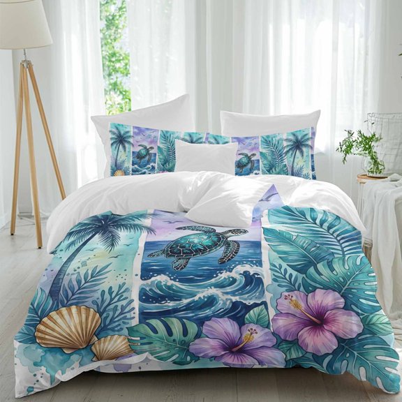 Sea Turtle Comforter Set Queen Size, Nautical Tropical Ocean Beach Green Tree Leaf Flower Shell Soft Bedding Set for Man Woman, 4 Pieces Duvet Cover Set with Fitted Sheet, 2 Pillowcases