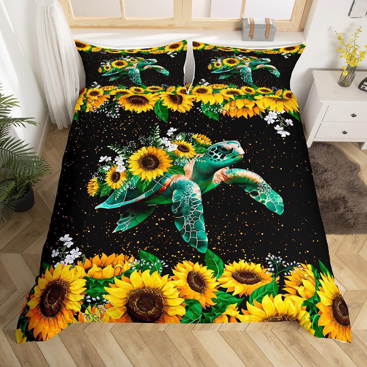 Sea Turtle Comforter Set Twin Full Queen King Size, Yellow Sunflower