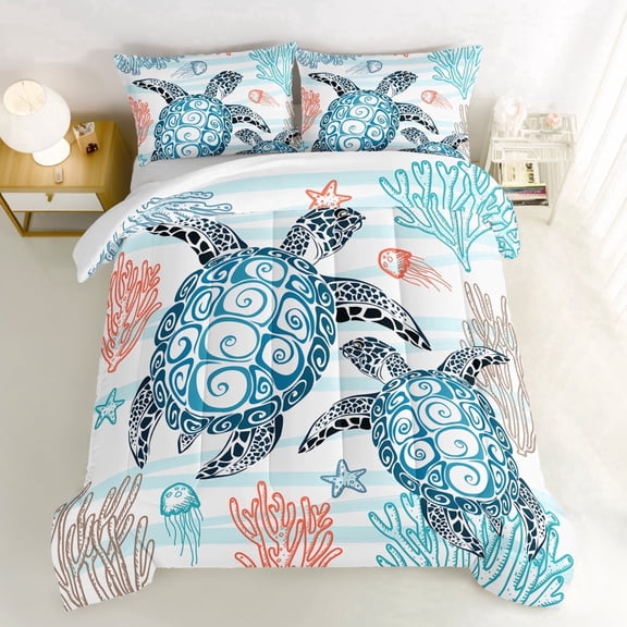 Sea Turtle Comforter Twin Size,Coastal Bedding for Girls Room Decor,Ocean Style Soft Turquoise Sea Turtle Bedding Set with 2Pillowcases