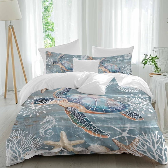 Sea Turtle Comforter Set Twin Size, Coral Starfish Coral Marine Life Soft Bedding Set for Man Woman, 4 Pieces Duvet Cover Set with Fitted Sheet, 2 Pillowcases