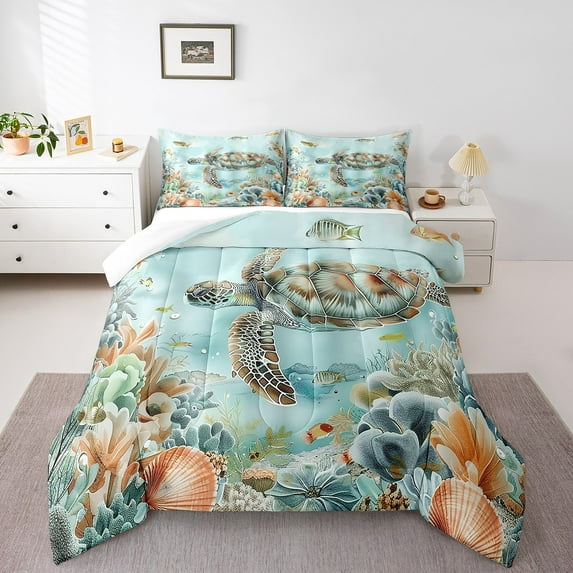 Sea Turtle Comforter Set Ocean Tortoise Twin Bedding Comforter Sets ,Nautical Sea Animal Quilt Coral Fish Reptile Duvet Insert,Hawaii Beach Decor,Cyan
