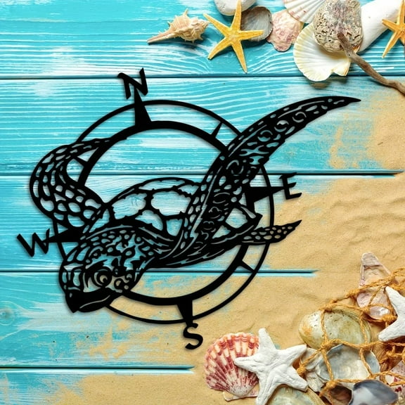 Sea Turtle Compass Wall Decor - Vintage Black Metal Art For Beach House Ocean Themed Home Accents For Living Room, Kitchen, Bedroom, Garden, Perfect Gift For Ocean Lovers, Birthday & Housewarming