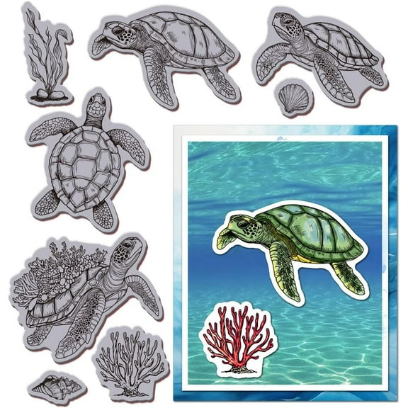 Sea Turtle and Coral Cling Rubber Stamp 8.7"x7" Sea Animals EVA Stamps Embossing Stamp Seal Rubber Stamps for DIY Scrapbooking and Card Making Paper Craft Decor