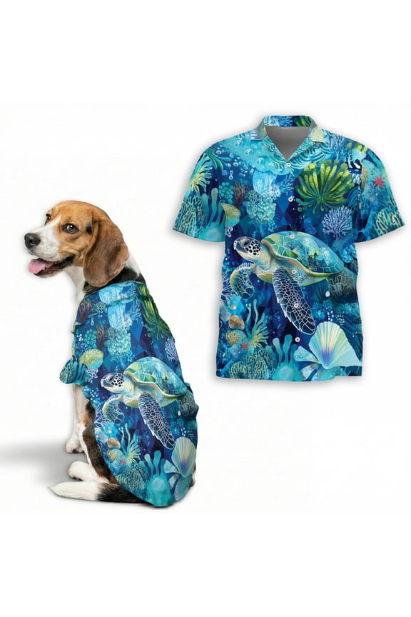 Sea Turtle Coral Hawaiian Shirt, Ocean Reef and Tropical Sea Life Pattern Button Down Shirt for Adults or Dogs, Marine Theme, Cuban Collar, Short Sleeve Summer Shirt