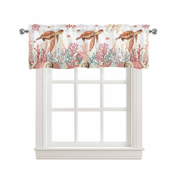 Sea Turtle Coral Linen Curtain Valance for Bedroom/Bathroom/Kitchen/Office/Living/Dining Room Window,Tropical Fish Underwater Starfish White Rod Pocket Topper Decorative Cafe Drapes Panel 42"x18"