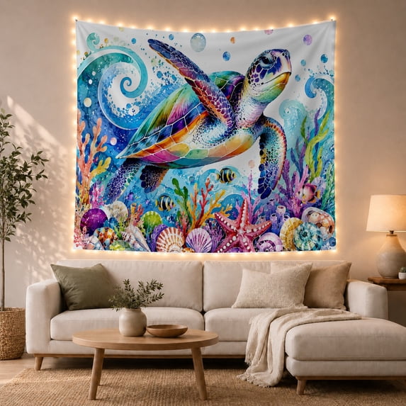 Sea Turtle in Coral Reef and Bubbles, Majestic Watercolor Illustration for Ocean Lovers, Vibrant Underwater Art Decor, Housewarming Gift, Tapestry Wall Hanging for Bedroom and Living Room