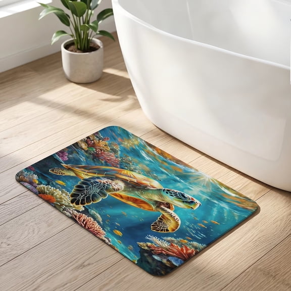 Sea Turtle Coral Reef Print Flannel Bath Mat Non Slip Washable Rug Home Decor