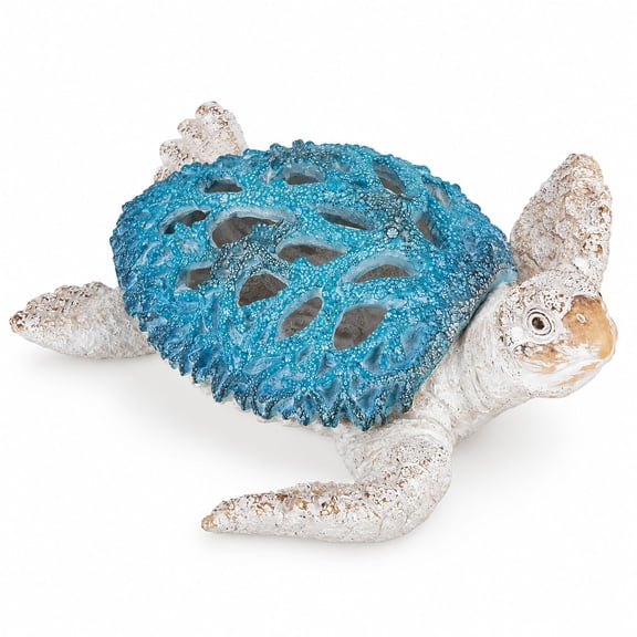 Sea Turtle Coral Reef Sculpture, 9 in x 9 in, Blue and White Artificial Stone, Coastal Home Shelf and Tabletop Decor