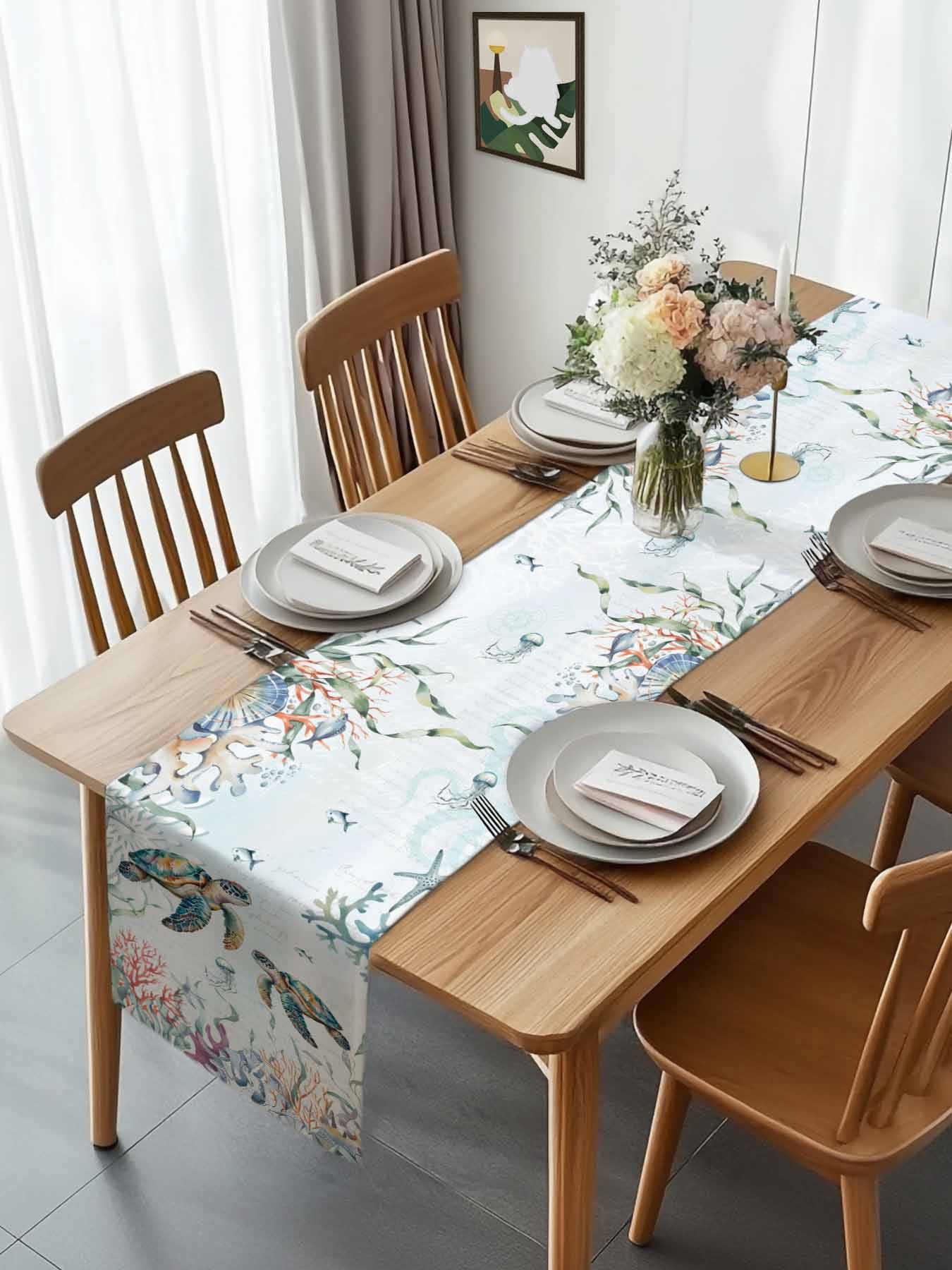 Sea Turtle Coral Seaweed Table Runner 90 Inches Long, Summer Coastal Nautical Theme Table Runners Tabletop Scarf Kitchen Dining Tables Decoration for Home Party Indoor Outdoor
