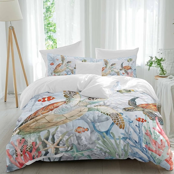 Sea Turtle Coral Summer Full Size Comforter Set, Starfish Ocean Fish Orange Blue Bedding for All Seasons, 4 Pcs Bed Set, 1Quiltcover (86"x86") ,1Sheet(80"x116"), 2Pillowcases (30"x20")