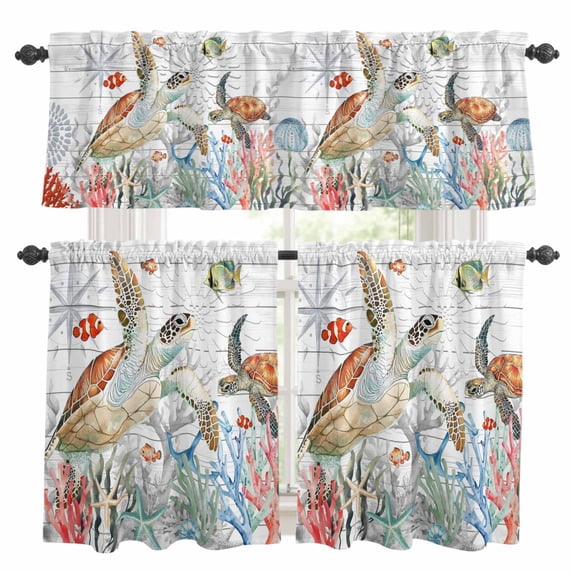 Sea Turtle Coral Summer Ocean Kitchen Curtains Valances and Tiers Set of 3 Fish Wooden Tier Curtains and Valance with Rod Pocket for Small Windows, 27.5"x24"