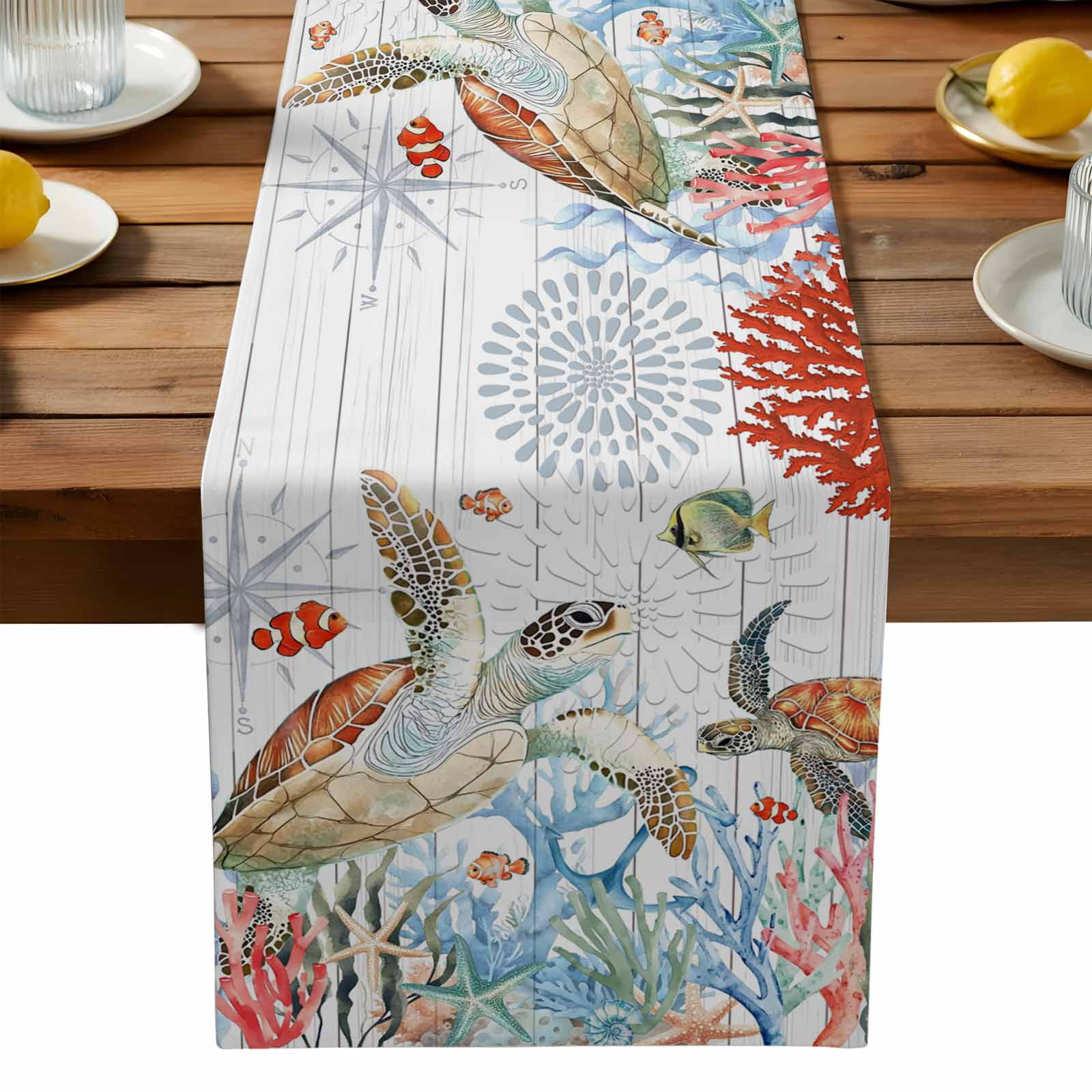 Sea Turtle Coral Summer Ocean Table Runner, Fish Wooden Kitchen Table ...
