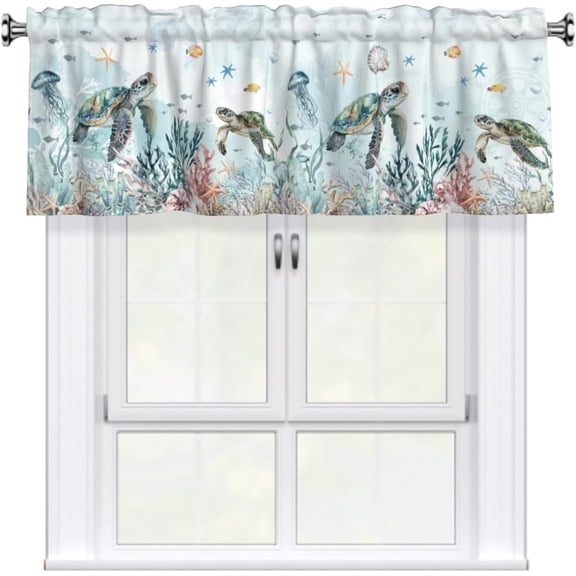 Sea Turtle Curtain Valance Coastal Coral Kitchen Short Curtains 54"x18" Window Treatment Rod Pocket Valance for Bedroom Living Room Decor