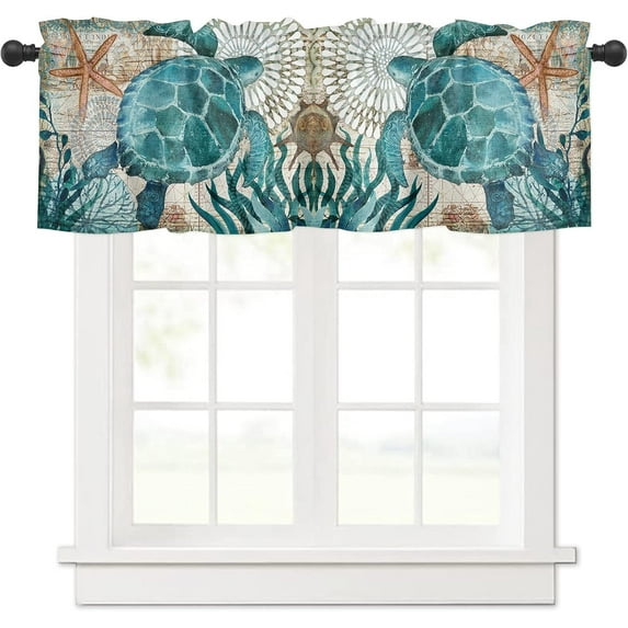 Sea Turtle Curtain Valance for Windows/Living Room/Kitchen/Bathroom/Farmhouse, Hawaiian Ocean Animal Teal Short Rod Pocket Tier Curtain Window Treatment, 1 Panel 54x18