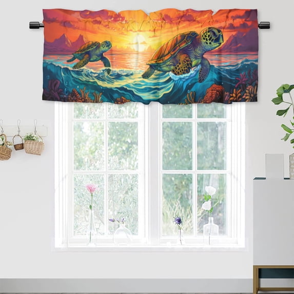 Sea Turtle Curtain Valances for Kitchen Windows Blue Ocean Summer Coastal Scenery Window Valance for Living Room Bedroom, Kitchen Valance Rod Pocket Window Decor Curtain 54 by 18 in, 1 Panel