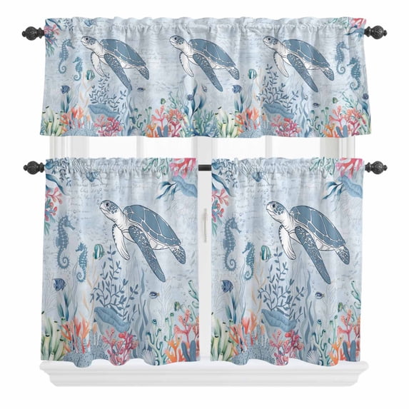Sea Turtle Curtain Valances Set Watercolor Seaweed Fish Coral Seahorse Blue Letter Texture Kitchen Curtains 24 inch Length Rod Pocket Valance and Tiers 3 Piece Set Small Bedroom Bathroom Laundry