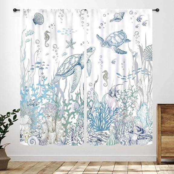 Sea Turtle Curtains,Coastal Nautical Beach Theme Blue Window Treatments For Bathroom,Tropical Beachy Under The Sea Living Room Bedroom Window Drapes 53"W x 63"L (Pack of 2)