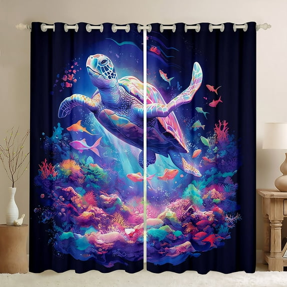 Sea Turtle Curtains,Sea Animal Ocean Life Curtains,Colorful Coral Fish Curtains Coastal Beach Theme Marine Creature Window Curtains 2 Panels (42Wx84L)