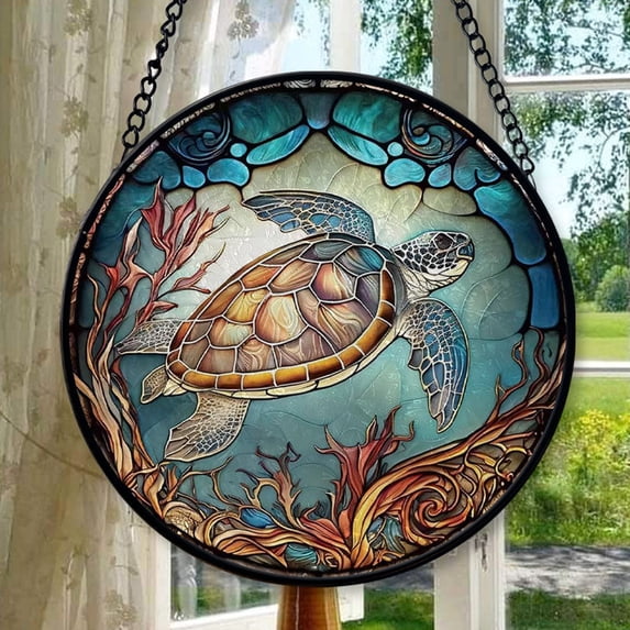 Sea Turtle Decor Suncatcher Stained Glass Window Hanging - Handmade Suncatchers for Windows with Hooks - Sea Art Glass Sun Catcher Indoor Outdoor Garden Mothers Day Birthday Gifts
