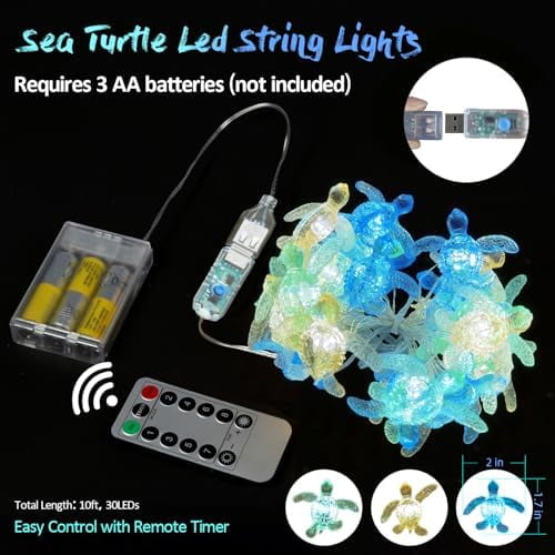 - Sea Turtle Decorative Lights- Ocean Themed String Lights -10ft 30 LEDs-USB Plug-in -Battery Pack - Remote Control -Baby Shower- Bathroom- Christmas -Beach-Party Decor