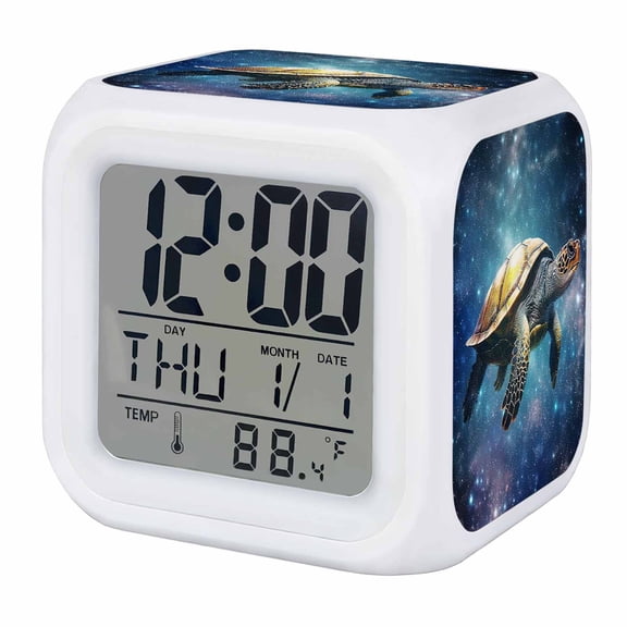 Sea Turtle Digital Alarm Clock for Bedrooms, Smart LED Alarm Clock with 7 Color Changing Night Light, Coastal Blue Ombre Star Sky Silent Wake Up Clocks for Sleep Study Cooking 3.2"x3.2"