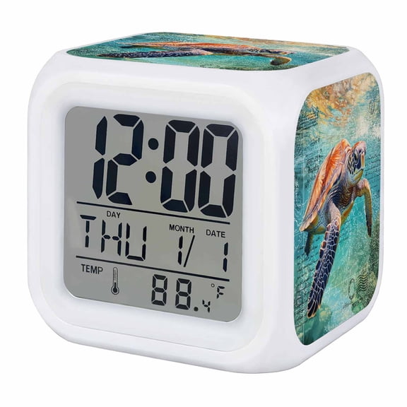 Sea Turtle Digital Alarm Clock for Bedrooms, Smart LED Alarm Clock with 7 Color Changing Night Light, Coastal Nautical Ocean Summer Beach Silent Wake Up Clocks for Sleep Study Cooking 3.2"x3.2"