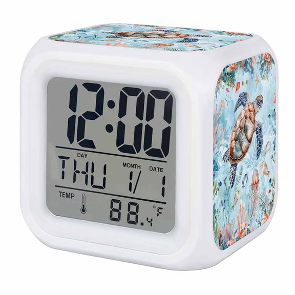 Sea Turtle Digital Alarm Clock for Bedrooms,Smart LED Alarm Clock with 7 Color Night Light,Summer Beach Coastal Nautical Coral Blue Red Silent Wake Up Clocks for Sleep Study Cooking 3.2"x3.2"