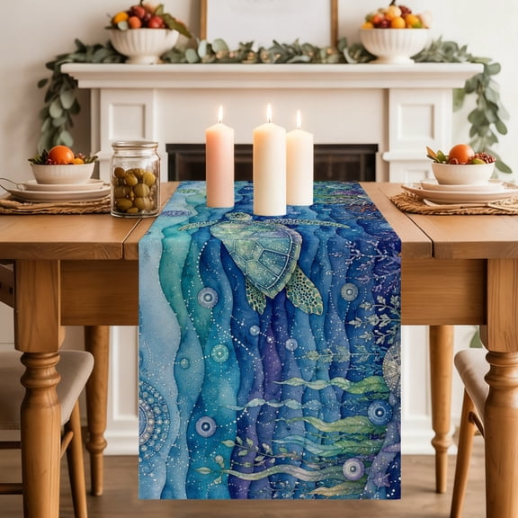 Sea Turtle Dining Table Runner, Ocean Seashells Bubbles Coastal Boho Washable Table Runners Kitchen Coffee Table Center Decor for Home Party Holiday Wedding 13 x 36 Inches