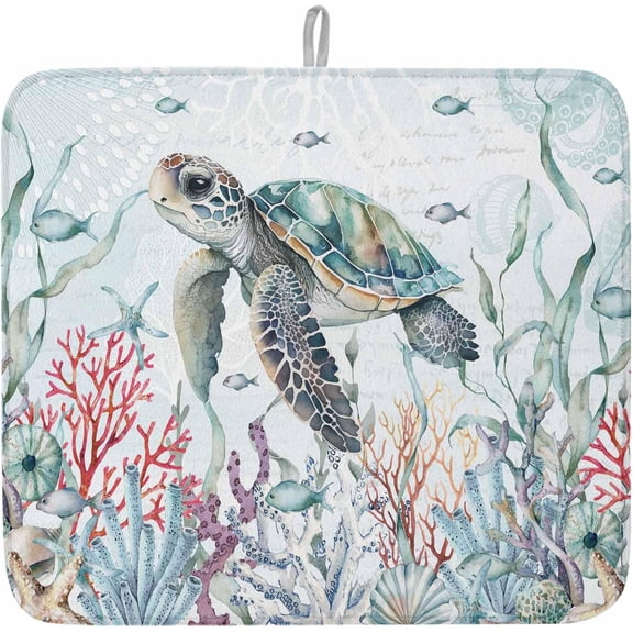Sea Turtle Dish Drying Mat for Kitchen Counter, Blue Summer Beach Coastal Coral Ocean Nautical Baby Bottle Microfiber Drying Pad, Absorbent Coffee Cup Dishes Drainer Mats 16"x18", 1 Pcs