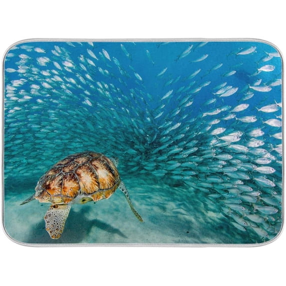 Sea Turtle Dish Drying Mat Ocean Fish for Kitchen Counter Decor 16x18 in, Sea Dish Draining Mat Bottle Rack Drainer Mats with Loop for Sink Kitchen Accessories