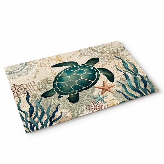 Sea Turtle Door Mat Boho Summer Green Seaweed Starfish Rustic Mandalas Pattern Non Slip Absorbent Entrance Mat Washable Low Profile Indoor Doormat for Front Door Entryway Entry 16"x24"