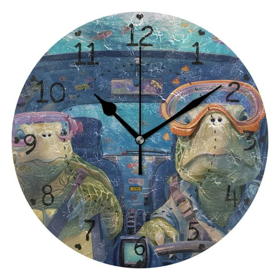 Sea Turtle Driving Undersea Round Wall Clock Silent Analog Battery Operated Black Pointer Home Decor 9.84" Diameter